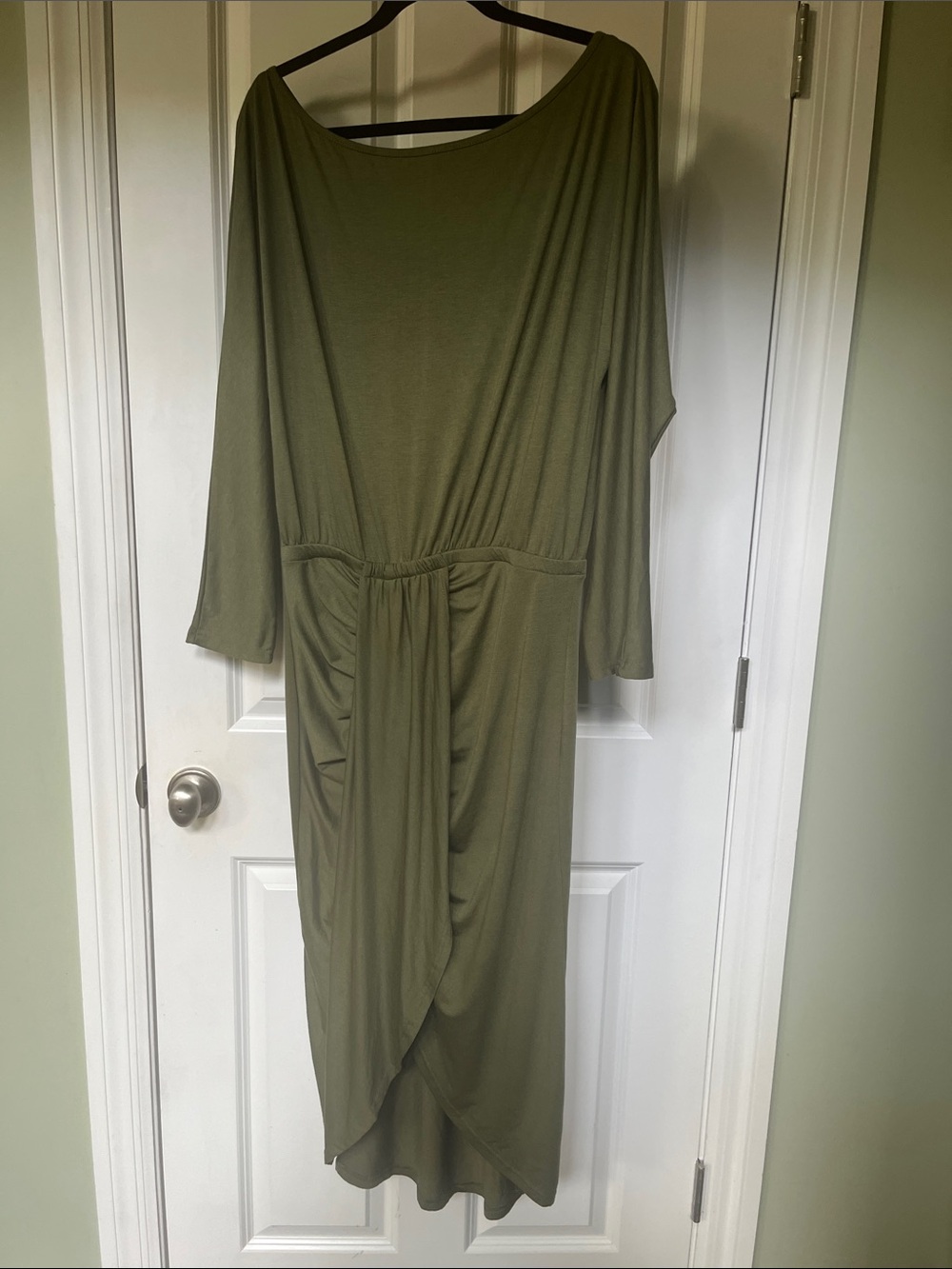 Olive Green Long Sleeve Draped Midi Dress